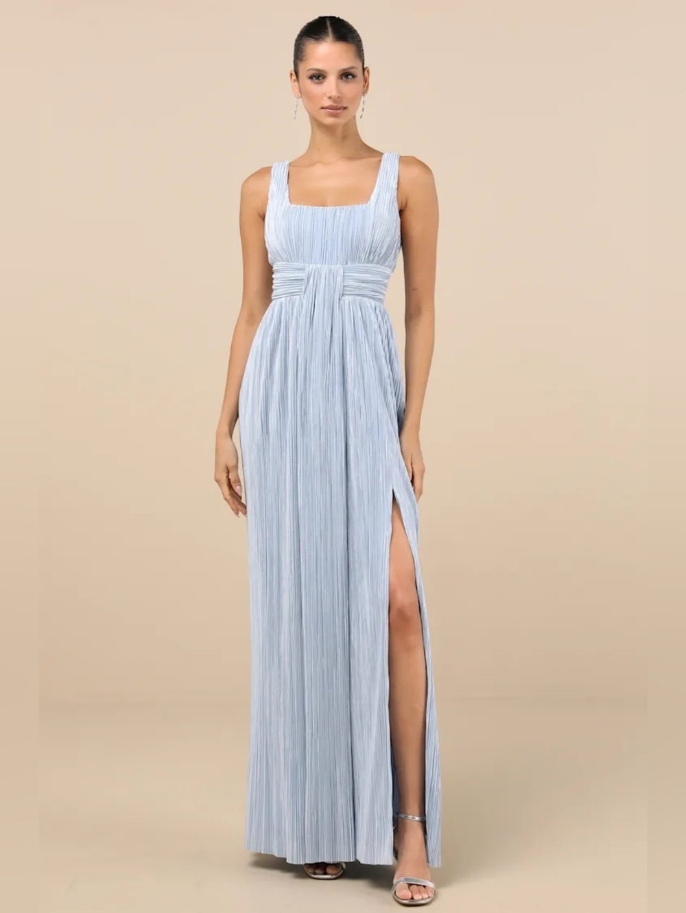Lulus Ameena Light Blue Plisse Square Neck Sash Maxi Dress Wedding Party Prom - Picture 2 of 9